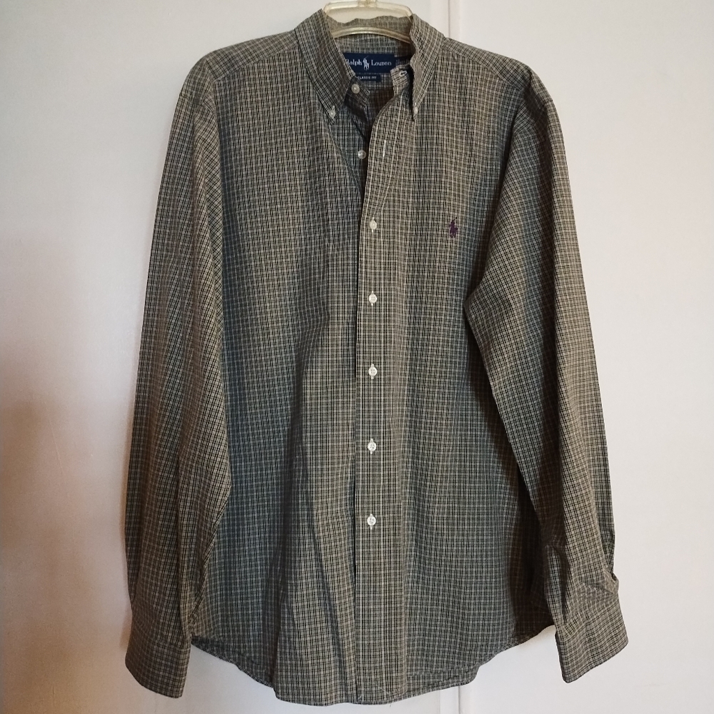 Ralph Lauren Dark Green Checkered Classic Fit Men's Button Down Shirt - Large